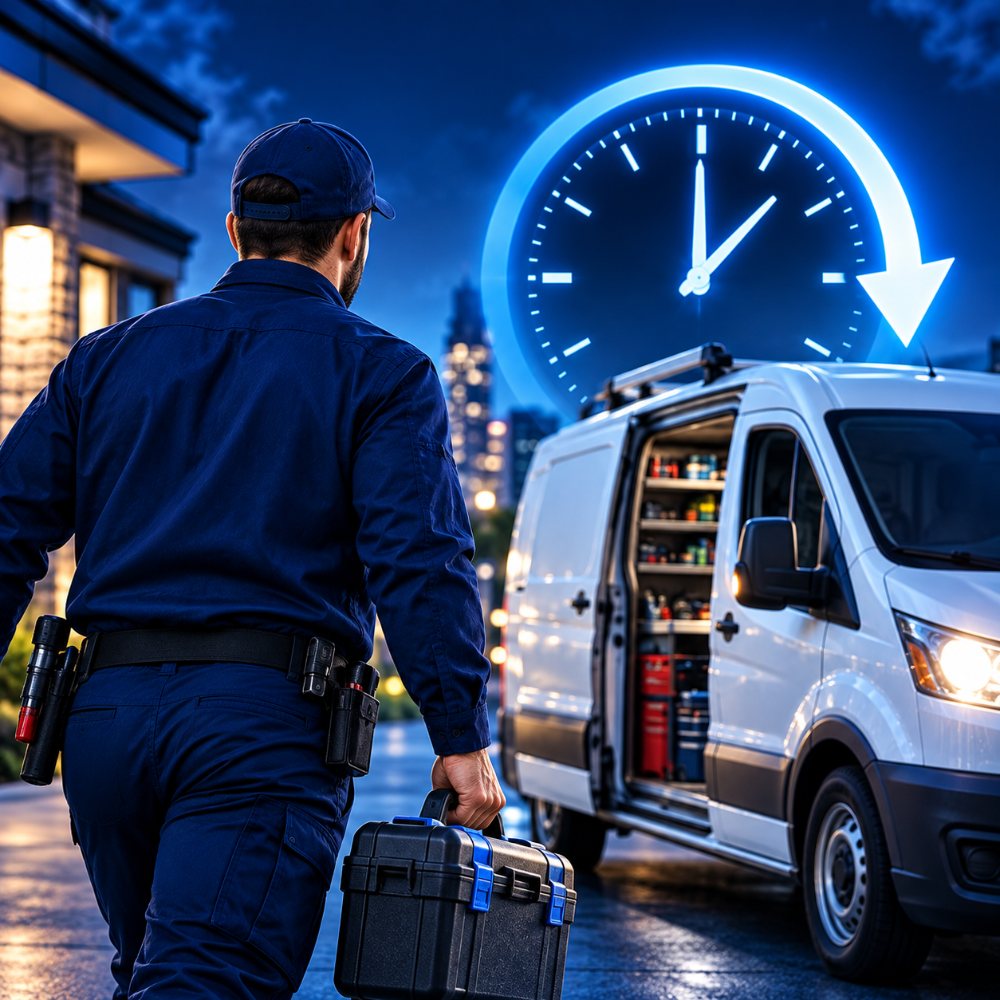 24 Hour Locksmith Brampton: technician walking to the service van at night with a toolbox