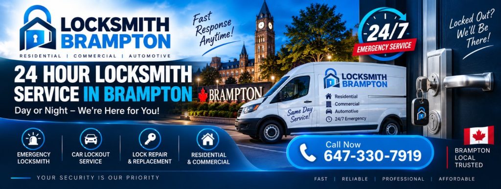 24 hour locksmith service in Brampton: 24/7 emergency locksmith van and keys in a front door lock