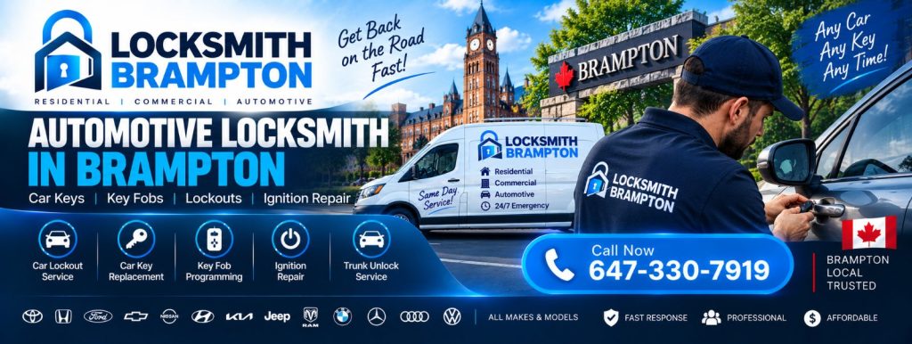 Automotive locksmith in Brampton unlocking a car door, offering car keys, key fob programming and lockout service