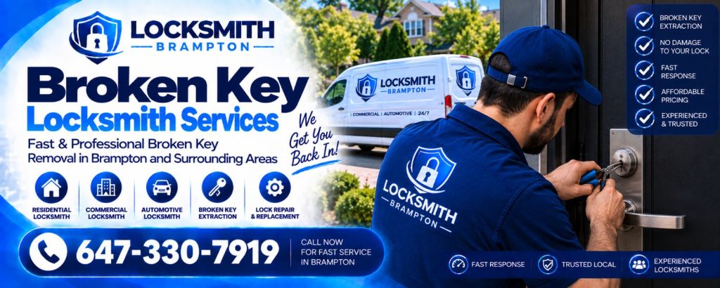 Broken Key Extraction Brampton: locksmith removing a broken key from a door lock