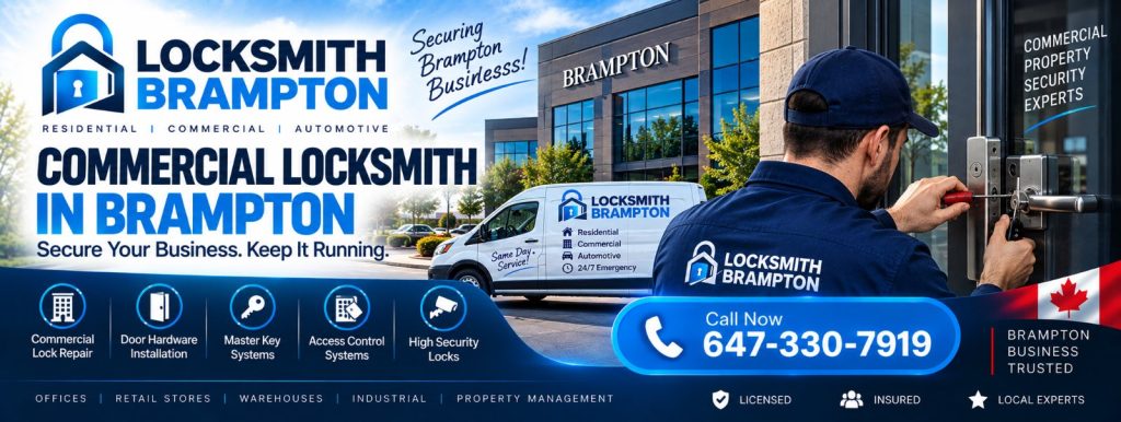 Commercial locksmith in Brampton repairing a lock on an office building door, with master key and access control services