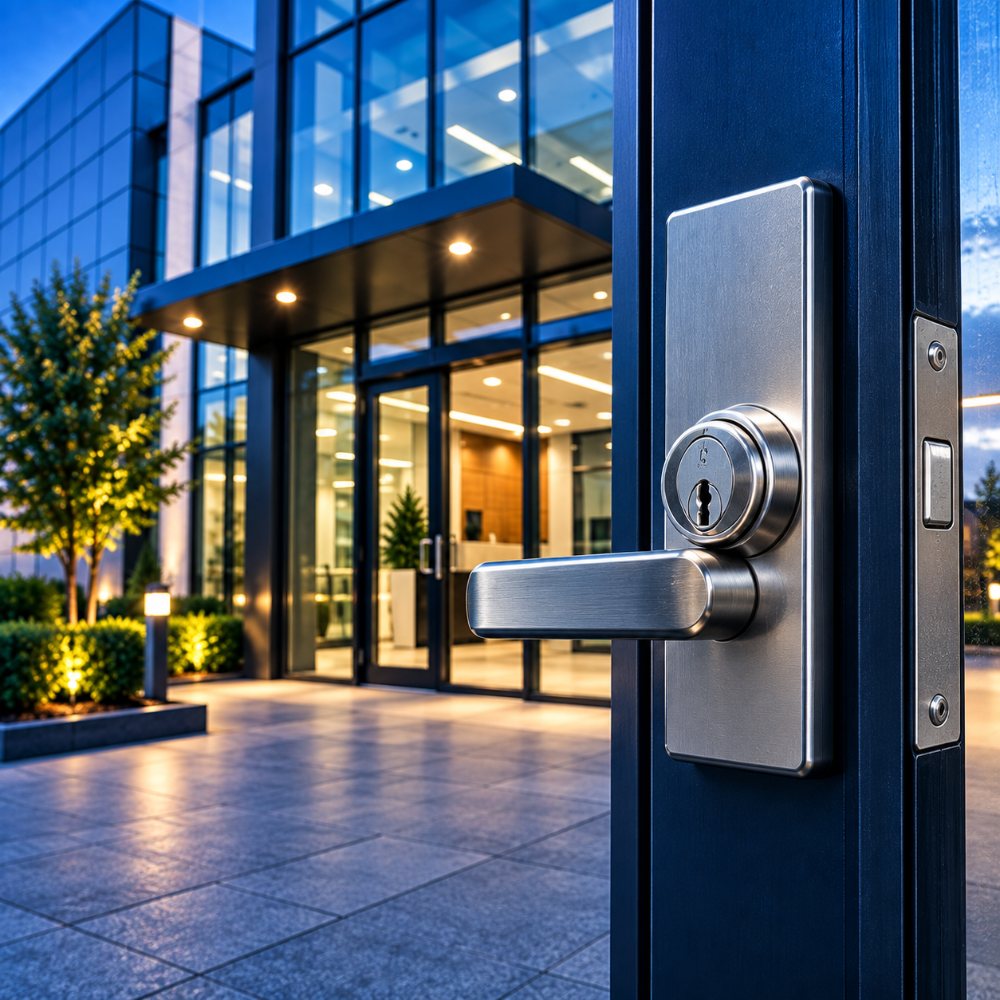 Commercial Locksmith Brampton: lever lock on a glass office building entrance