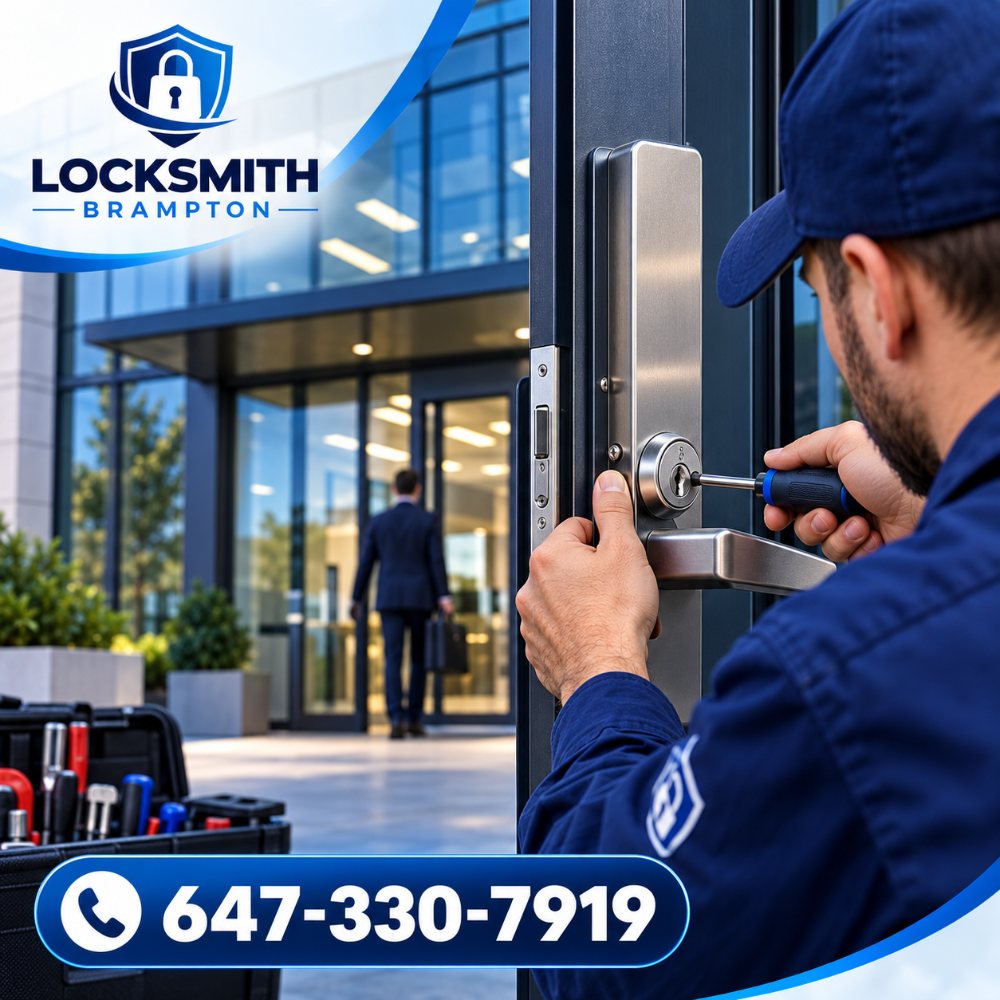 Commercial Locksmith Brampton: technician repairing an office building door lock