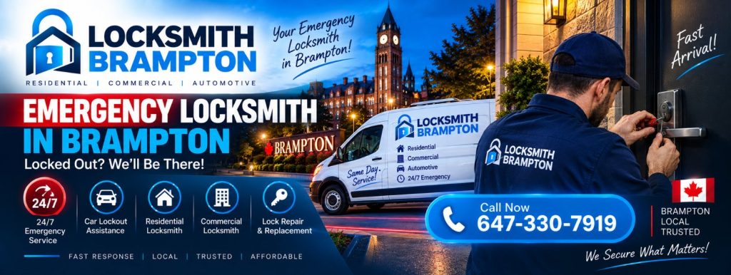 Emergency locksmith in Brampton opening a locked front door at dusk, with the 24/7 service van in the driveway