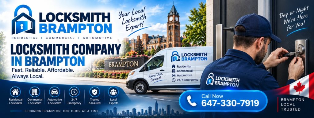 Local locksmith in Brampton servicing a front door lock with the same-day service van parked on the street