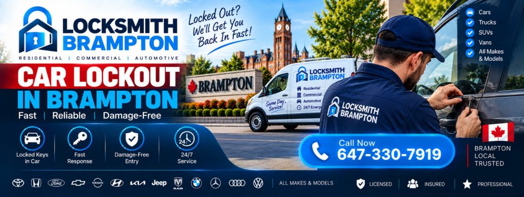 Locked Keys in Car Brampton: locksmith unlocking a car door without damage, call 647-330-7919