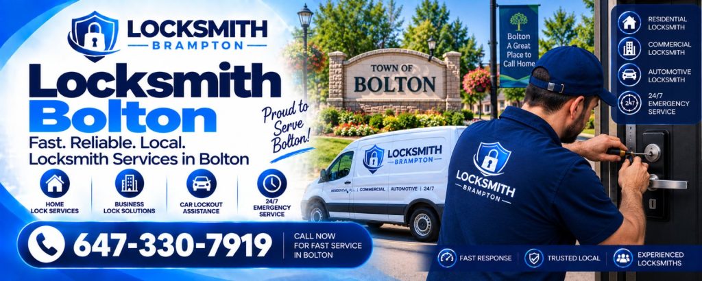Locksmith Bolton Ontario: technician repairing a door lock near the Town of Bolton sign