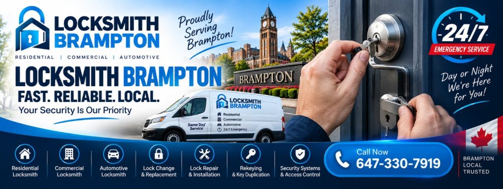 Locksmith Brampton technician unlocking a front door deadbolt with the Locksmith Brampton service van outside – call 647-330-7919