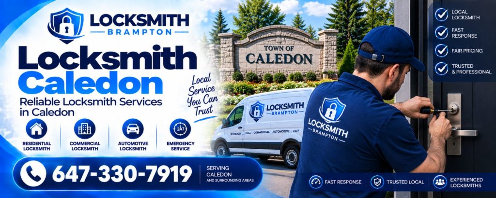 Locksmith Caledon: technician at a door lock beside the Town of Caledon sign