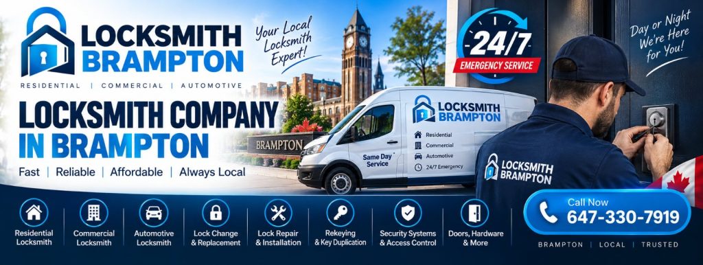 Locksmith company in Brampton: technician working on a door lock beside the Locksmith Brampton van near downtown Brampton