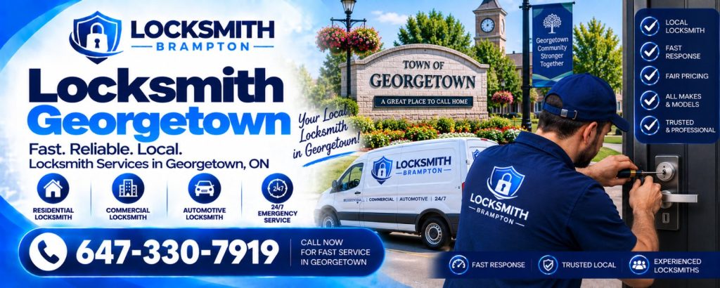 Locksmith Georgetown Ontario: technician working on a door lock near the Town of Georgetown sign