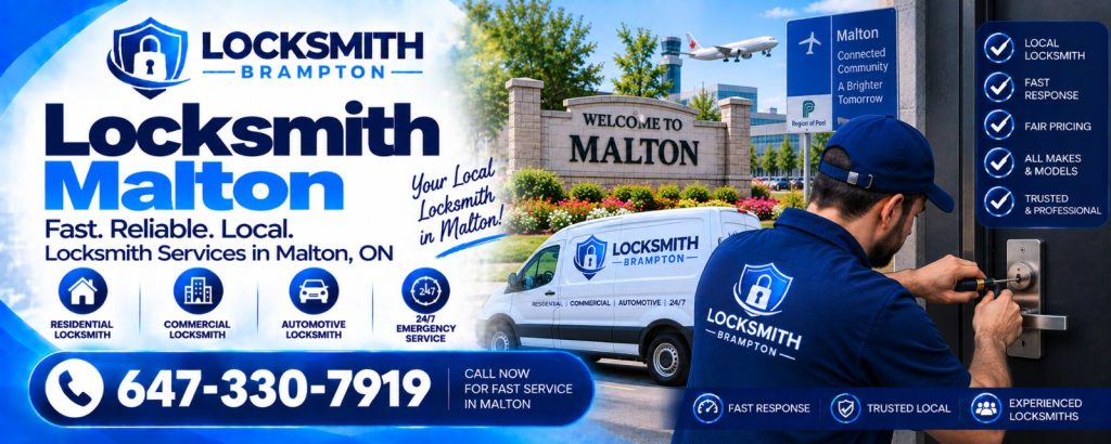Locksmith Malton: technician at a door lock beside the Welcome to Malton sign