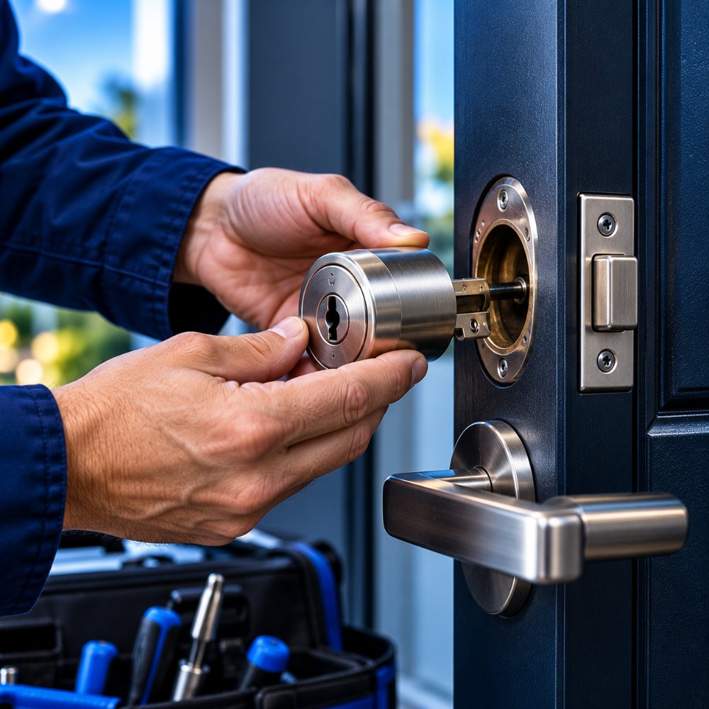 Locksmith installing a rekeyed lock cylinder in a front door
