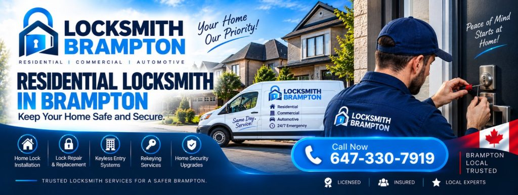 Residential locksmith in Brampton installing a lock on the front door of a family home